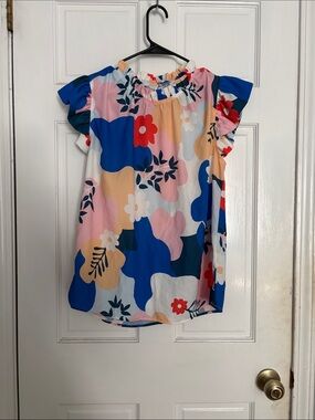Women's Floral Ruffle Sleeve Blouse in Blue & Pink